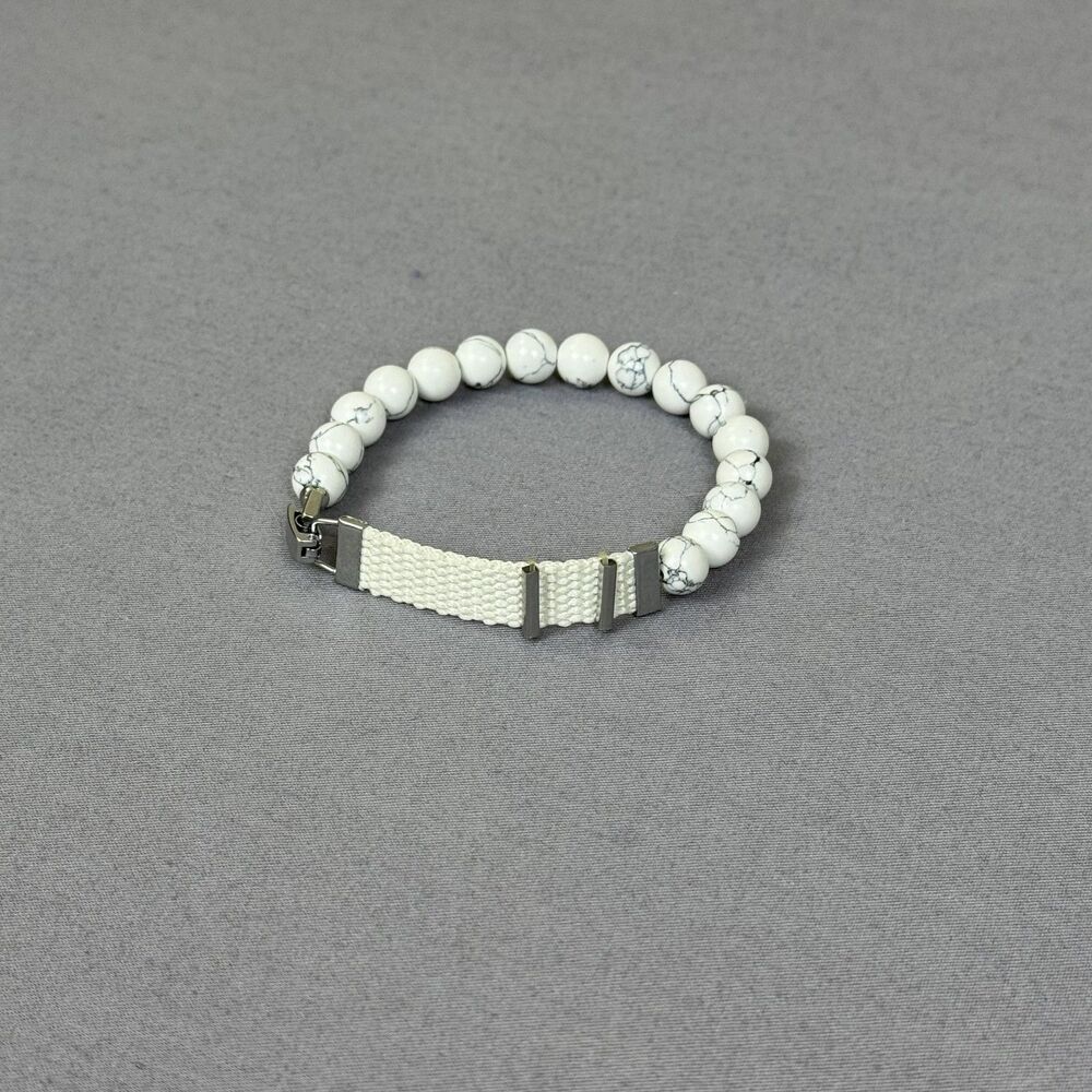 White Gemstone Beaded Bracelet Silver Tone Woven Strap 8 In Womens Boho Jewelry
